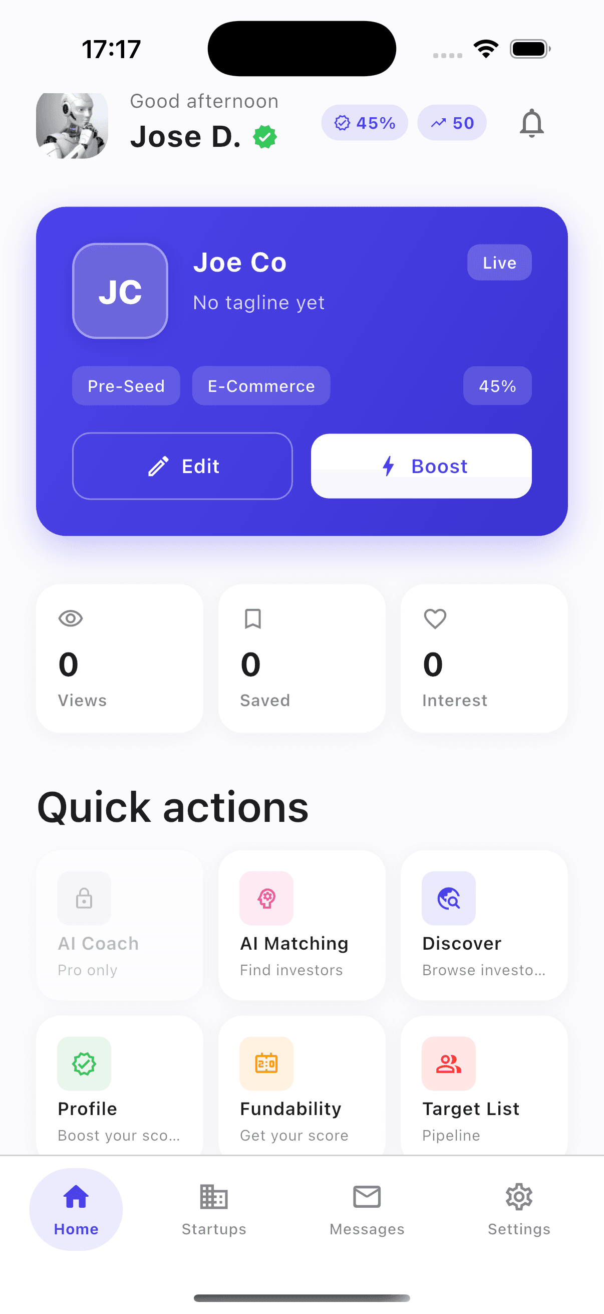 StartupInvest app: founder dashboard