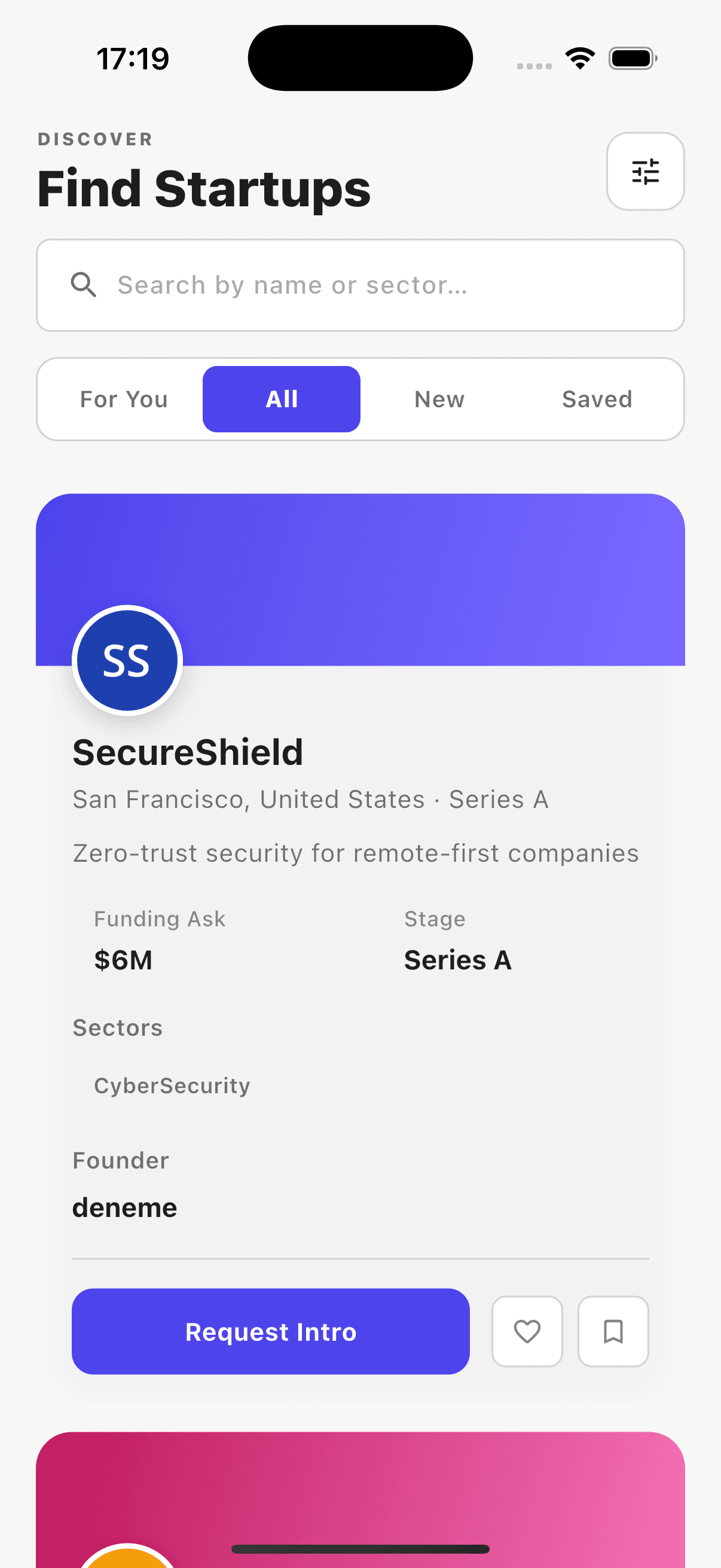 StartupInvest app: investor discovery screen